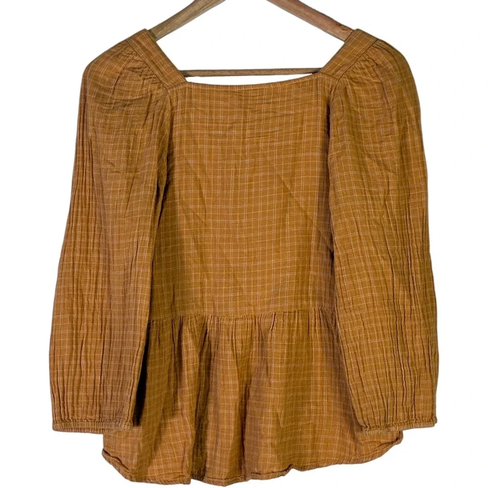 Madewell Millbrook Windowpane Peplum Top 100% Cotton Mustard Cottagecore Size XS
